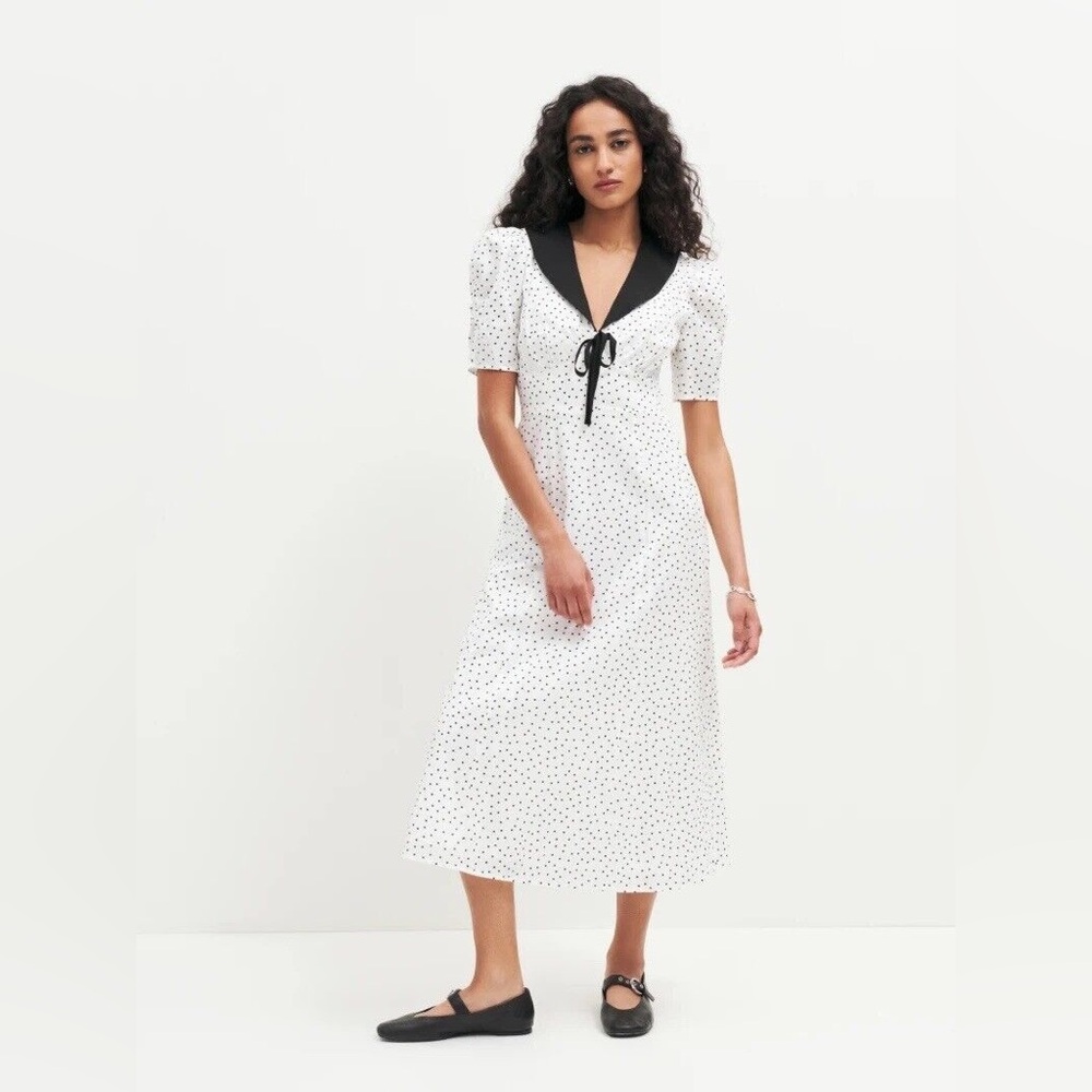 Reformation Edna White and Black Polka Dot Dress